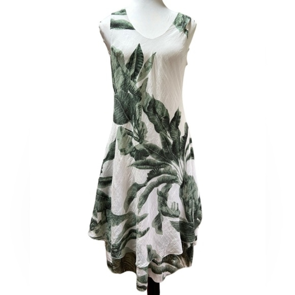 Tropical Leaf Print Linen Blend Sleeveless Dress - Size Medium